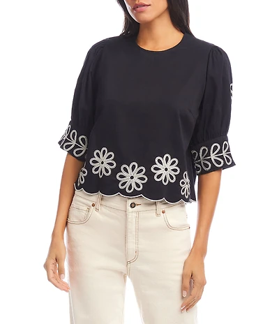 Karen Kane Petite Size Embroidered Round Neck 3/4 Sleeve Scalloped Hem Top