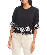 Karen Kane Petite Size Embroidered Round Neck 3/4 Sleeve Scalloped Hem Top