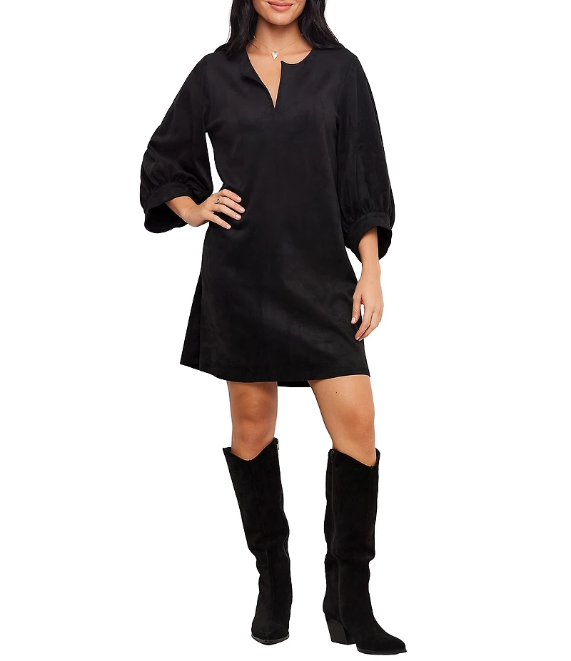 Karen Kane Petite Size Faux Suede Split V-Neck 3/4 Puff Sleeve Shift Dress