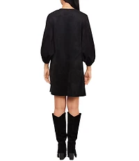 Karen Kane Petite Size Faux Suede Split V-Neck 3/4 Puff Sleeve Shift Dress