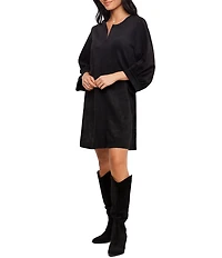 Karen Kane Petite Size Faux Suede Split V-Neck 3/4 Puff Sleeve Shift Dress