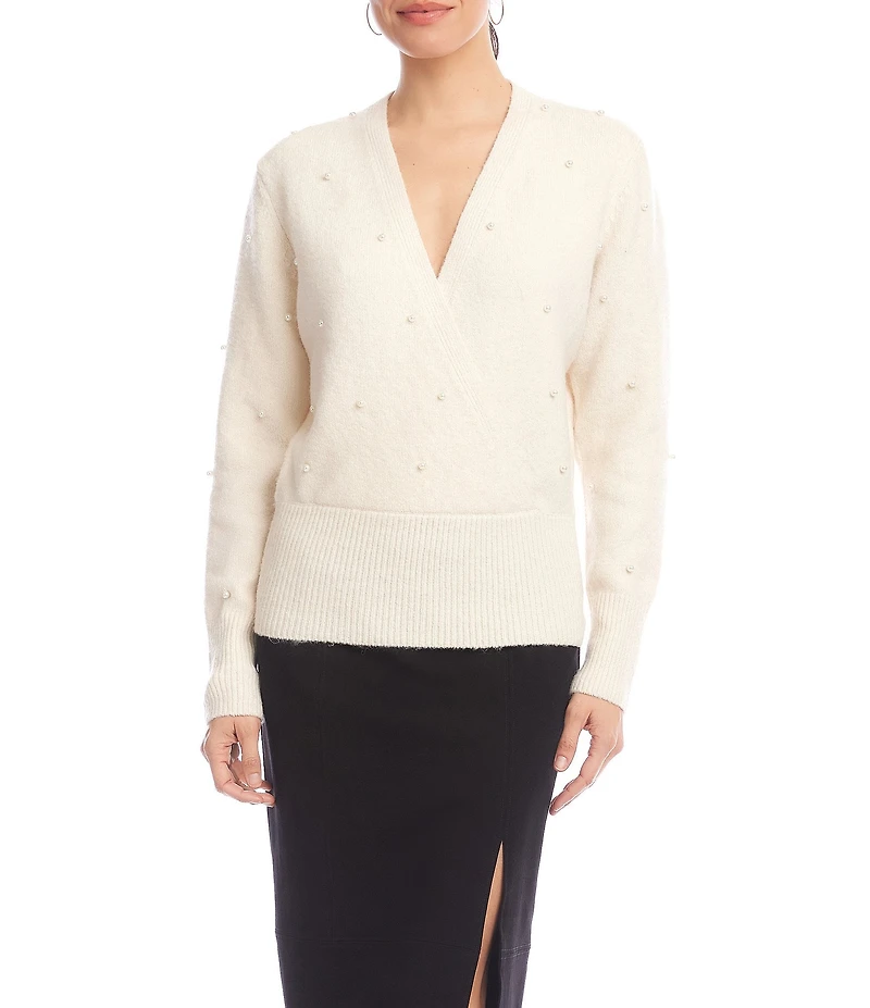 Karen Kane Petite Size Faux Wrap Pearl Embellished V-Neck Long Sleeve Sweater