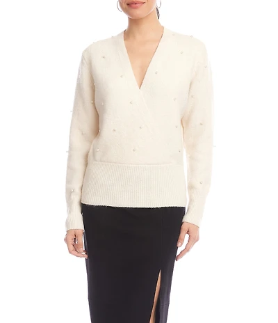 Karen Kane Petite Size Faux Wrap Pearl Embellished V-Neck Long Sleeve Sweater