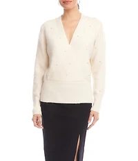 Karen Kane Petite Size Faux Wrap Pearl Embellished V-Neck Long Sleeve Sweater