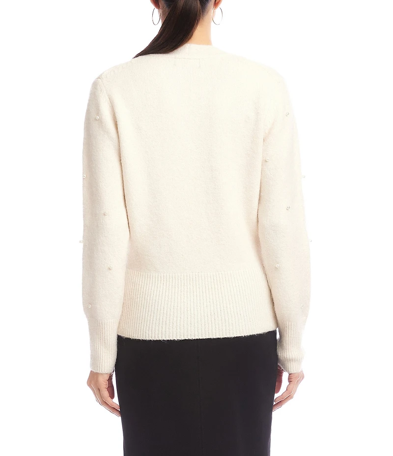 Karen Kane Petite Size Faux Wrap Pearl Embellished V-Neck Long Sleeve Sweater