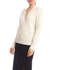 Karen Kane Petite Size Faux Wrap Pearl Embellished V-Neck Long Sleeve Sweater