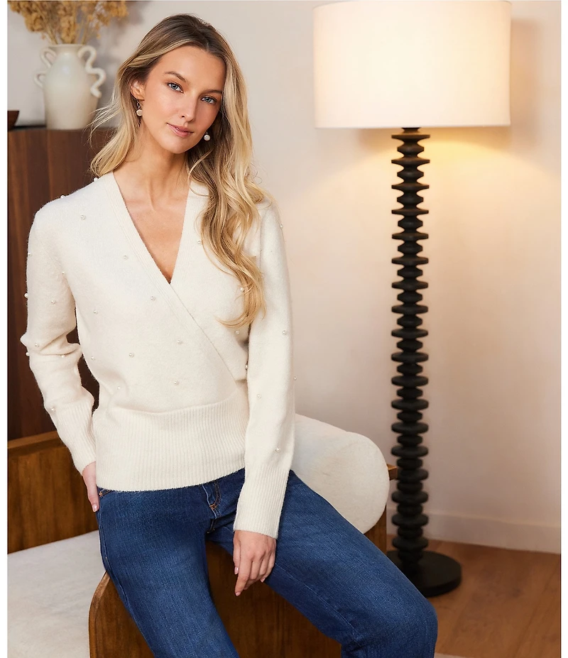 Karen Kane Petite Size Faux Wrap Pearl Embellished V-Neck Long Sleeve Sweater