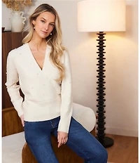 Karen Kane Petite Size Faux Wrap Pearl Embellished V-Neck Long Sleeve Sweater