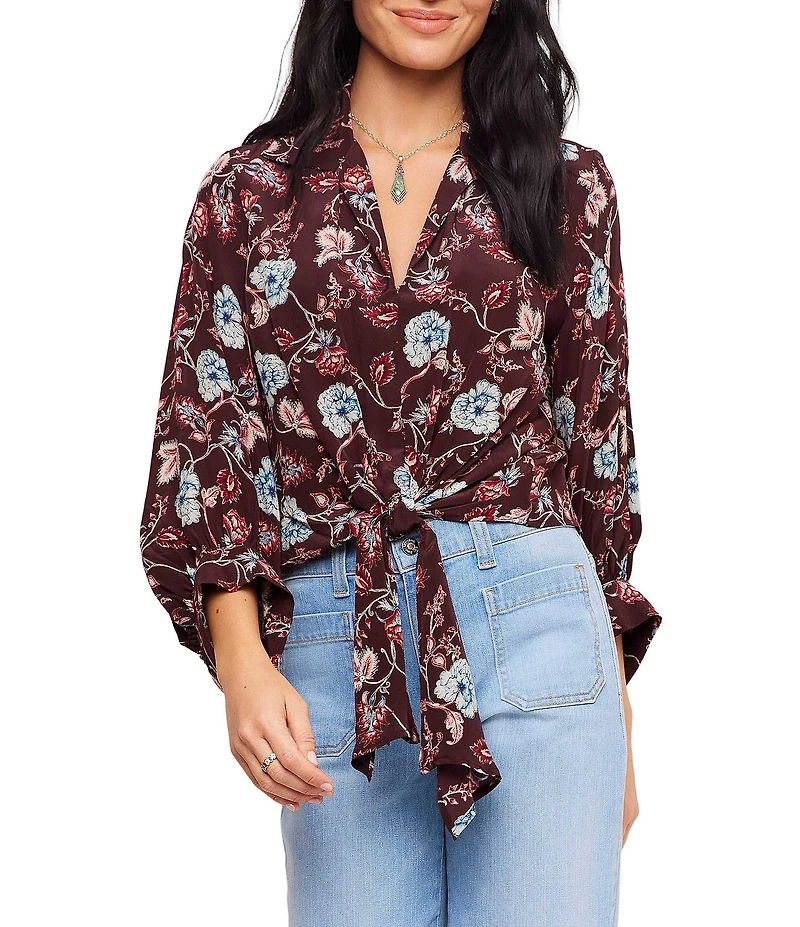 Karen Kane Petite Size Floral Crepe Notch Collar 3/4 Blouson Sleeve Tie-Front Top
