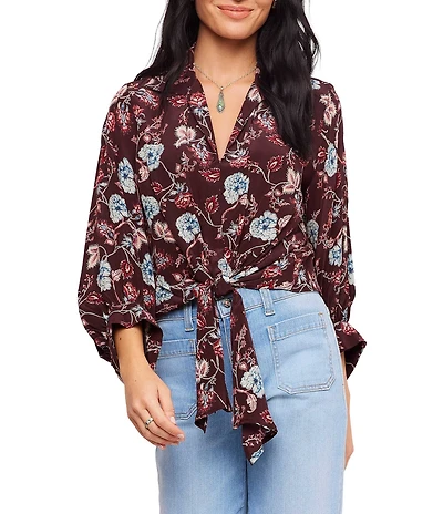 Karen Kane Petite Size Floral Crepe Notch Collar 3/4 Blouson Sleeve Tie-Front Top