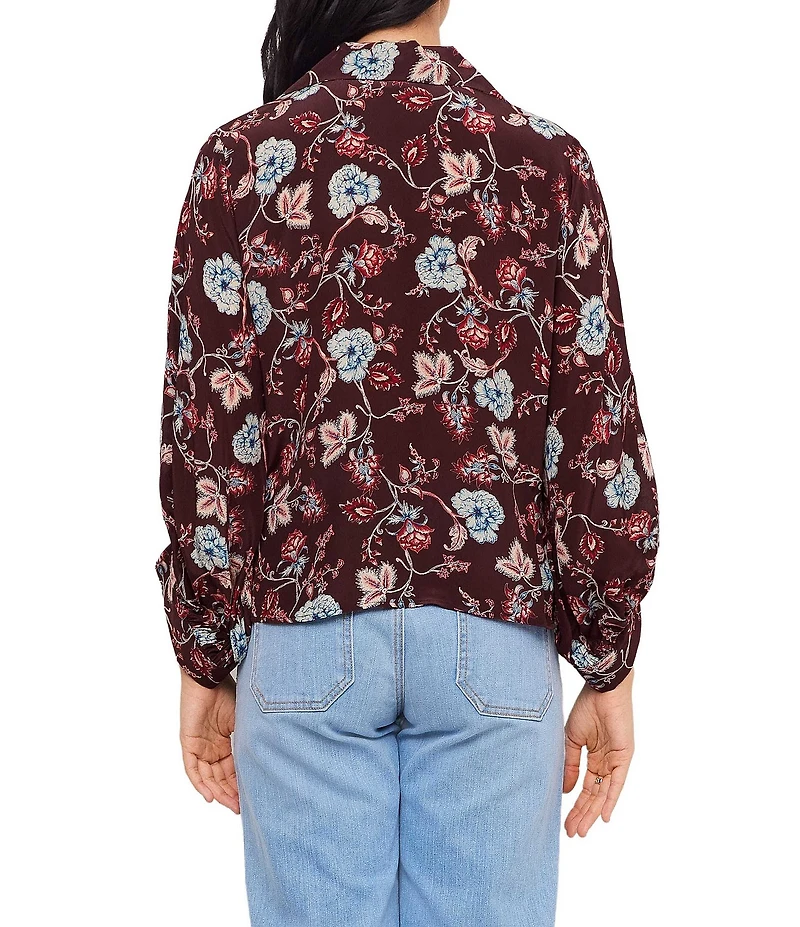 Karen Kane Petite Size Floral Crepe Notch Collar 3/4 Blouson Sleeve Tie-Front Top