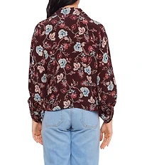 Karen Kane Petite Size Floral Crepe Notch Collar 3/4 Blouson Sleeve Tie-Front Top