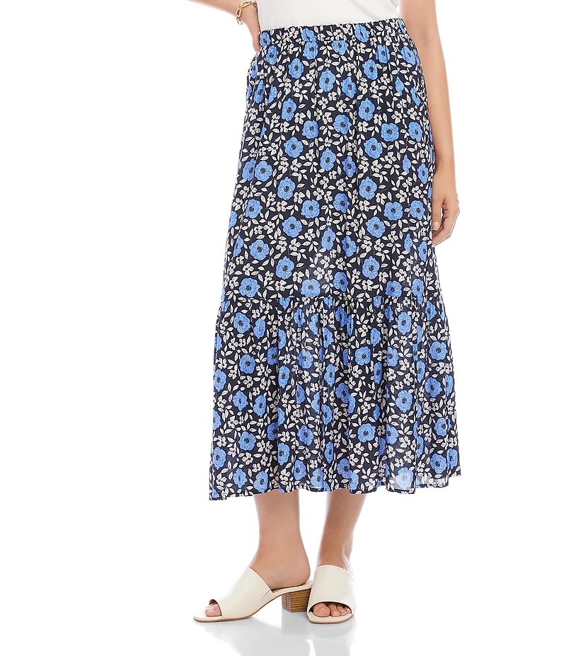 Karen Kane Petite Size Floral Front Slit A-Line Pull-On Midi Skirt