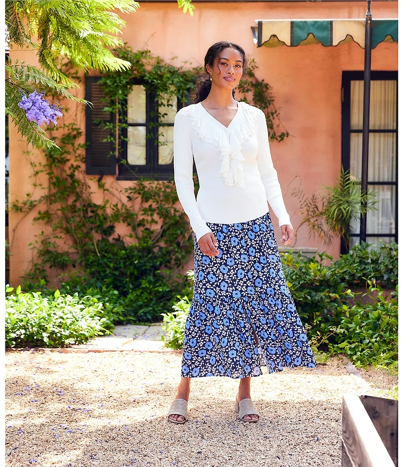 Karen Kane Petite Size Floral Front Slit A-Line Pull-On Midi Skirt