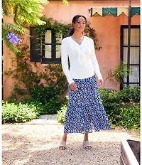 Karen Kane Petite Size Floral Front Slit A-Line Pull-On Midi Skirt