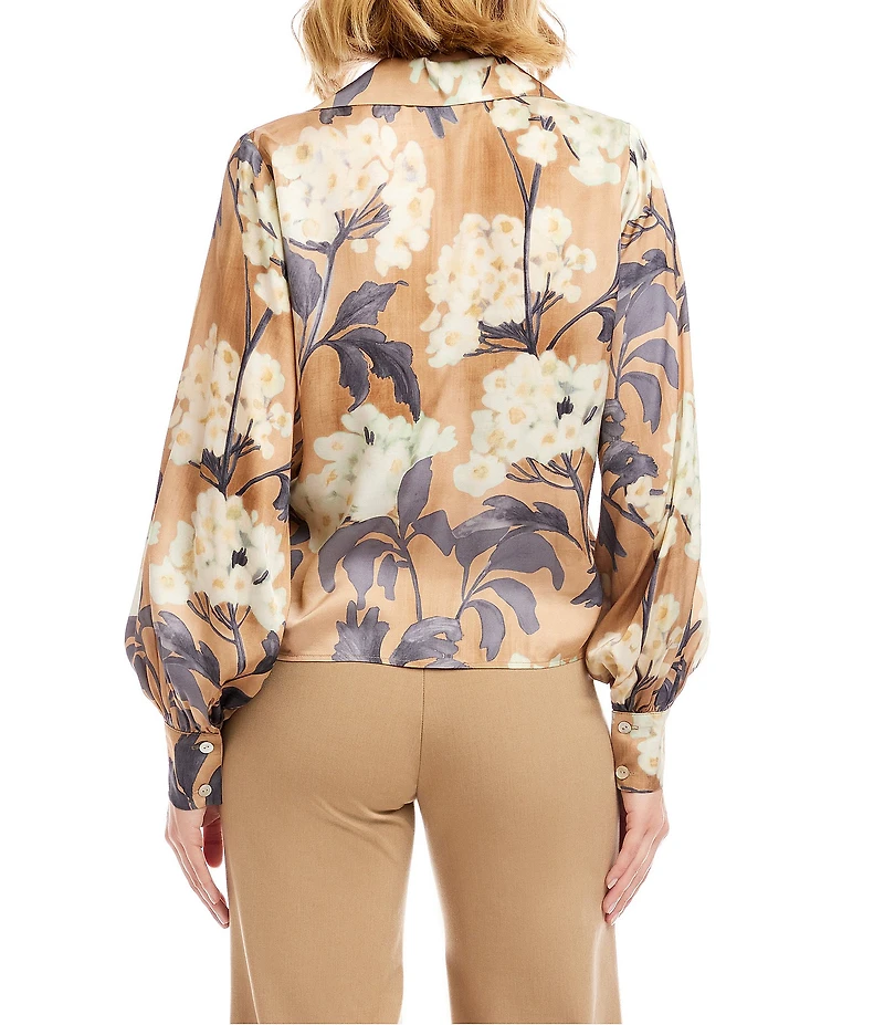 Karen Kane Petite Size Floral Print Satin Long Blouson Sleeve Tie-Front Top