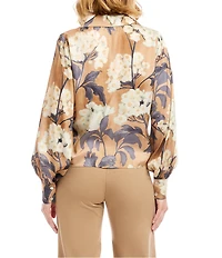 Karen Kane Petite Size Floral Print Satin Long Blouson Sleeve Tie-Front Top