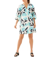 Karen Kane Petite Size Floral Split V-Neck 3/4 Puff Sleeve Shift Dress