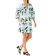 Karen Kane Petite Size Floral Split V-Neck 3/4 Puff Sleeve Shift Dress