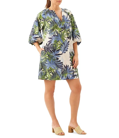 Karen Kane Petite Size Island Palms Split V-Neck Short Puff Sleeve Shift Dress