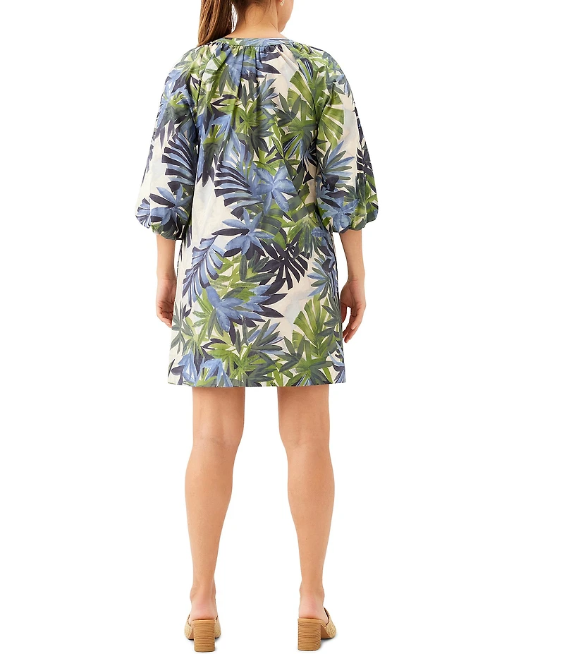 Karen Kane Petite Size Island Palms Split V-Neck Short Puff Sleeve Shift Dress