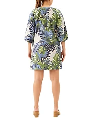 Karen Kane Petite Size Island Palms Split V-Neck Short Puff Sleeve Shift Dress