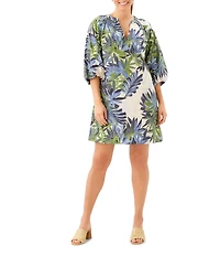 Karen Kane Petite Size Island Palms Split V-Neck Short Puff Sleeve Shift Dress