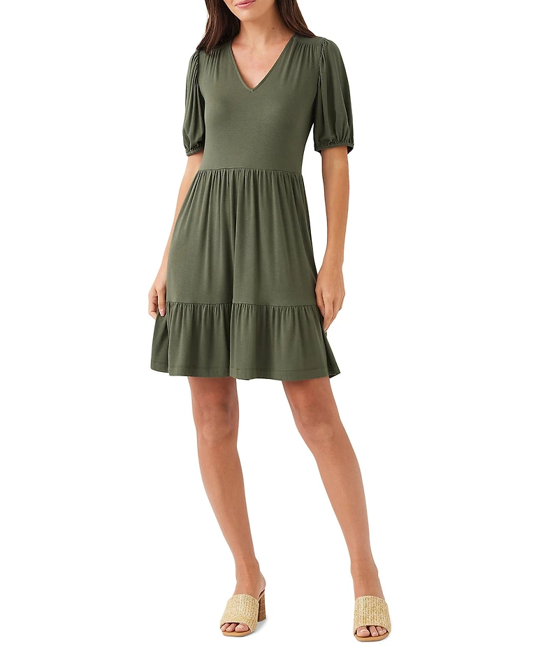 Karen Kane Petite Size Jersey V-Neck Short Puff Sleeve Tiered Sheath Dress