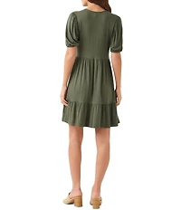 Karen Kane Petite Size Jersey V-Neck Short Puff Sleeve Tiered Sheath Dress