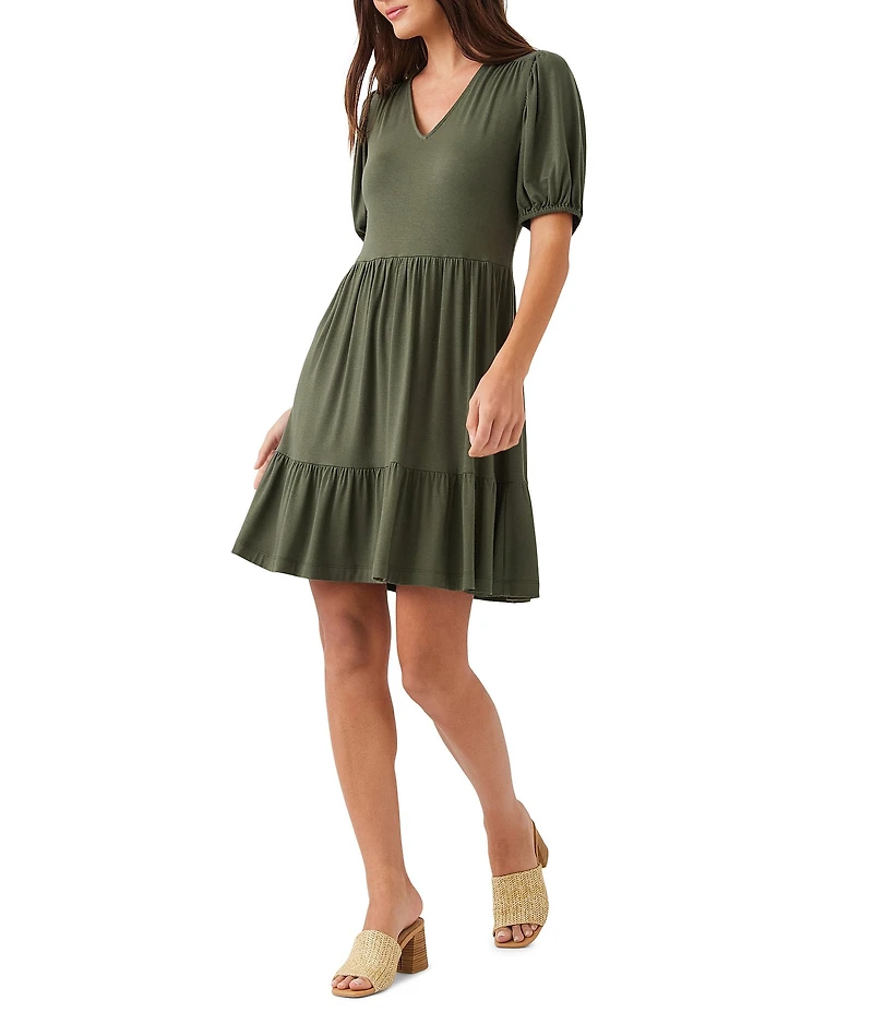 Karen Kane Petite Size Jersey V-Neck Short Puff Sleeve Tiered Sheath Dress