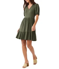 Karen Kane Petite Size Jersey V-Neck Short Puff Sleeve Tiered Sheath Dress