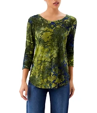 Karen Kane Petite Size Knit Burnout Jacquard Scoop Neck 3/4 Sleeve Top