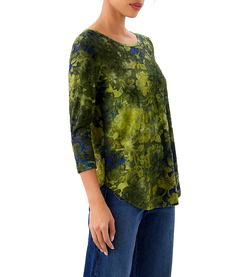 Karen Kane Petite Size Knit Burnout Jacquard Scoop Neck 3/4 Sleeve Top