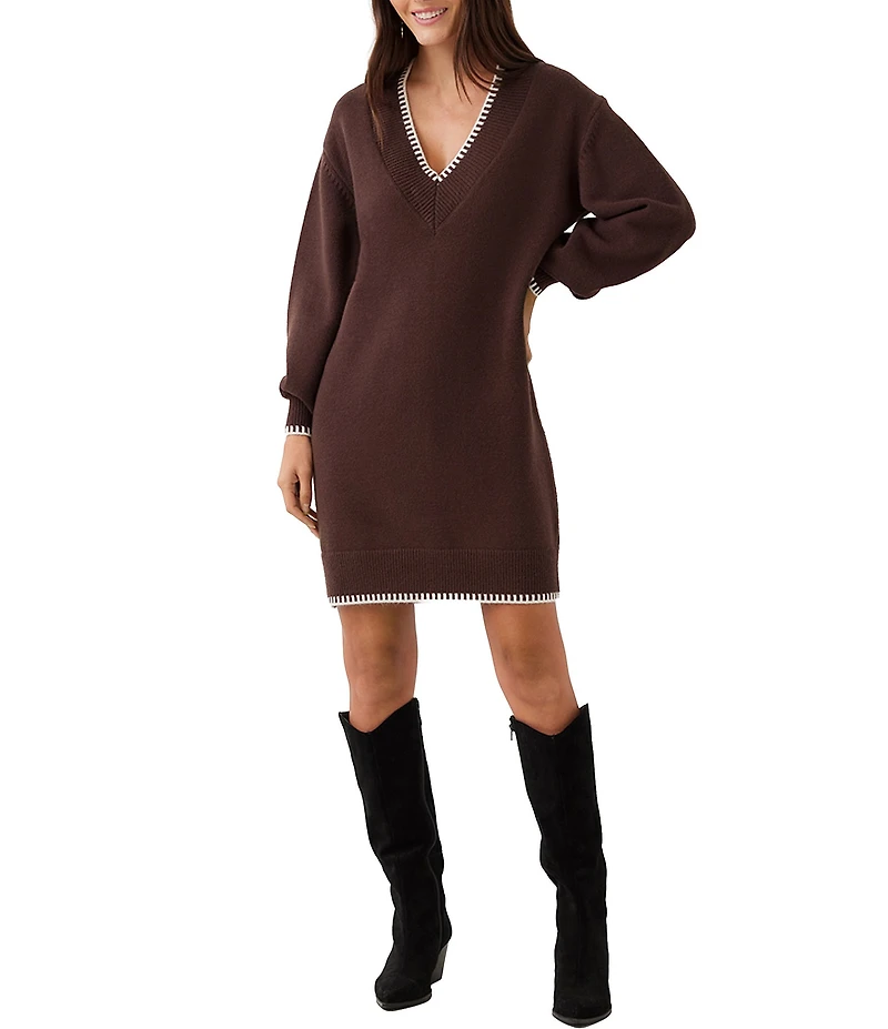 Karen Kane Petite Size Knit Contrast Varsity Trim V-Neck Long Sleeve Sweater Shift Dress