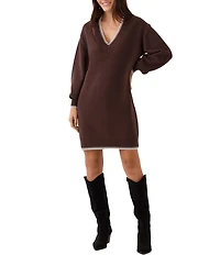 Karen Kane Petite Size Knit Contrast Varsity Trim V-Neck Long Sleeve Sweater Shift Dress