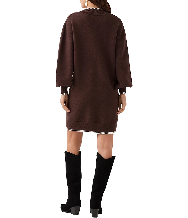 Karen Kane Petite Size Knit Contrast Varsity Trim V-Neck Long Sleeve Sweater Shift Dress