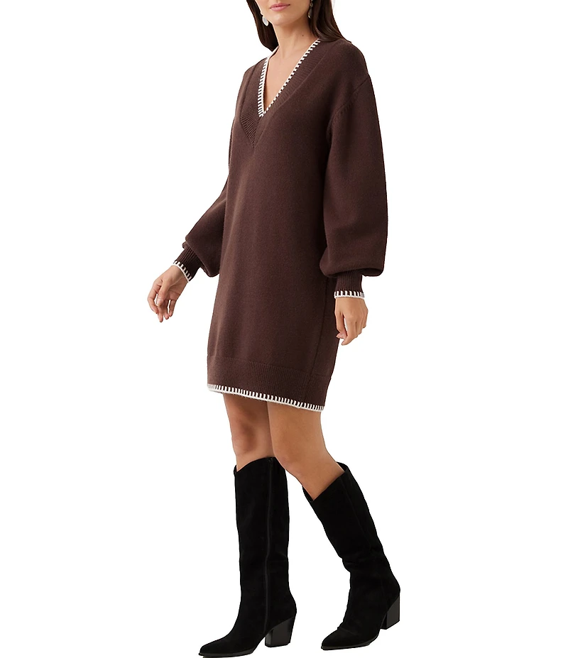 Karen Kane Petite Size Knit Contrast Varsity Trim V-Neck Long Sleeve Sweater Shift Dress