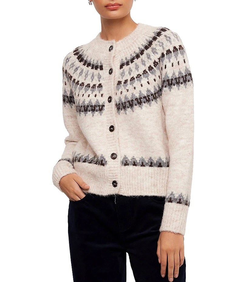 Karen Kane Petite Size Knit Fair Isle Jacquard Crew Neck Long Sleeve Cardigan