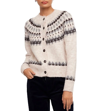 Karen Kane Petite Size Knit Fair Isle Jacquard Crew Neck Long Sleeve Cardigan