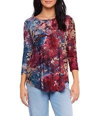 Karen Kane Petite Size Knit Floral Tie-Dye Burnout Boat Neck 3/4 Sleeve Top