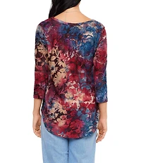 Karen Kane Petite Size Knit Floral Tie-Dye Burnout Boat Neck 3/4 Sleeve Top