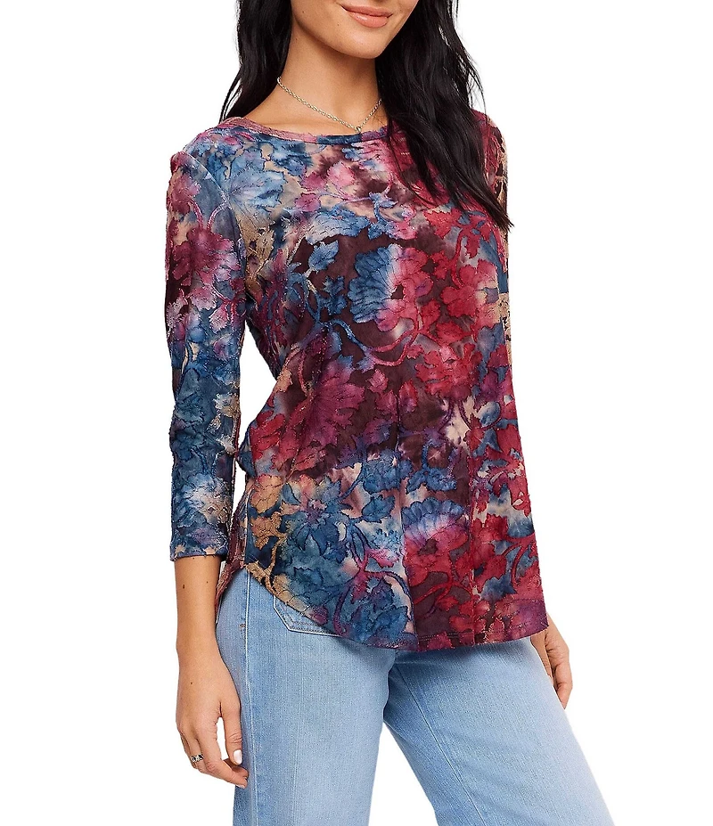 Karen Kane Petite Size Knit Floral Tie-Dye Burnout Boat Neck 3/4 Sleeve Top