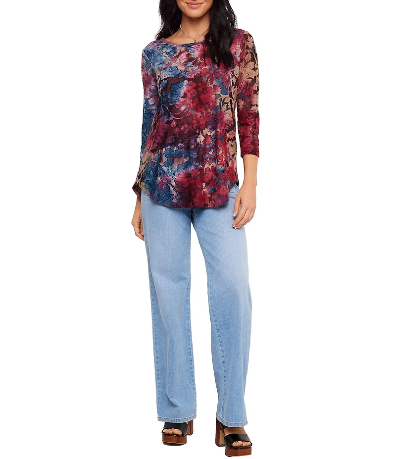 Karen Kane Petite Size Knit Floral Tie-Dye Burnout Boat Neck 3/4 Sleeve Top