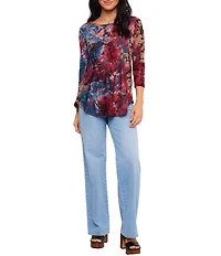 Karen Kane Petite Size Knit Floral Tie-Dye Burnout Boat Neck 3/4 Sleeve Top