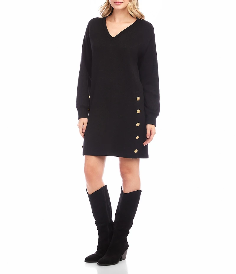 Karen Kane Petite Size Knit Long Sleeve V-Neck Button Detail Dress