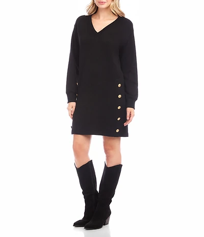 Karen Kane Petite Size Knit Long Sleeve V-Neck Button Detail Dress