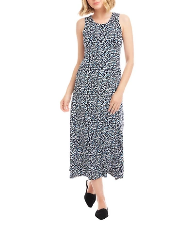 Karen Kane Petite Size Knit Painted Heart Crew Neck Sleeveless A-Line Side Slit Midi Dress