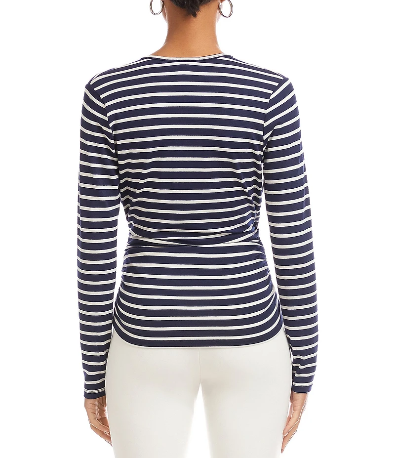 Karen Kane Petite Size Knit Stripe Crossover V-Neck Long Sleeve Side-Shirred Top