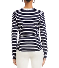 Karen Kane Petite Size Knit Stripe Crossover V-Neck Long Sleeve Side-Shirred Top