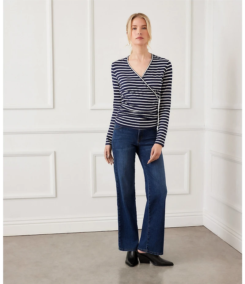 Karen Kane Petite Size Knit Stripe Crossover V-Neck Long Sleeve Side-Shirred Top